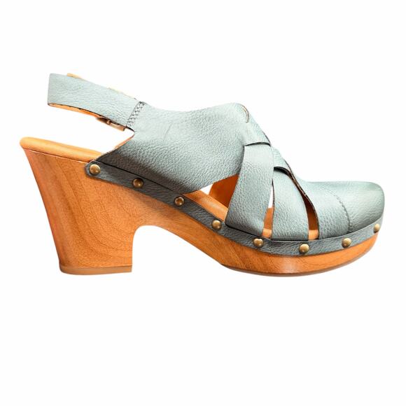 Kork-Ease Teal Leather Slingback Clog Heels Wood Sole Size 9M - Picture 11 of 12